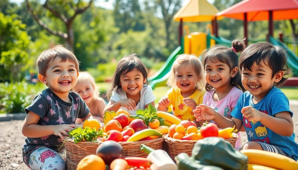 Crianças brincando e comendo alimentos saudáveis