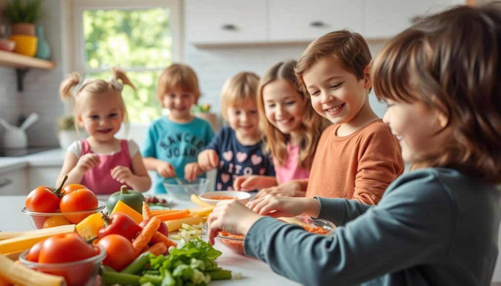 crianças envolvidas na preparação de lanches